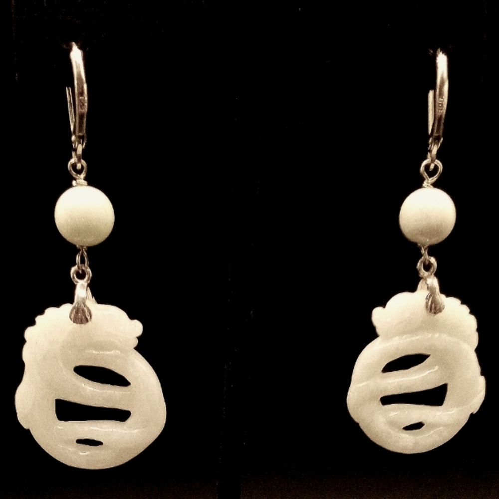 🔥Natural Jade 40.00 ctw Carved Dragon Earrings in Rhodium Over Sterling Silver